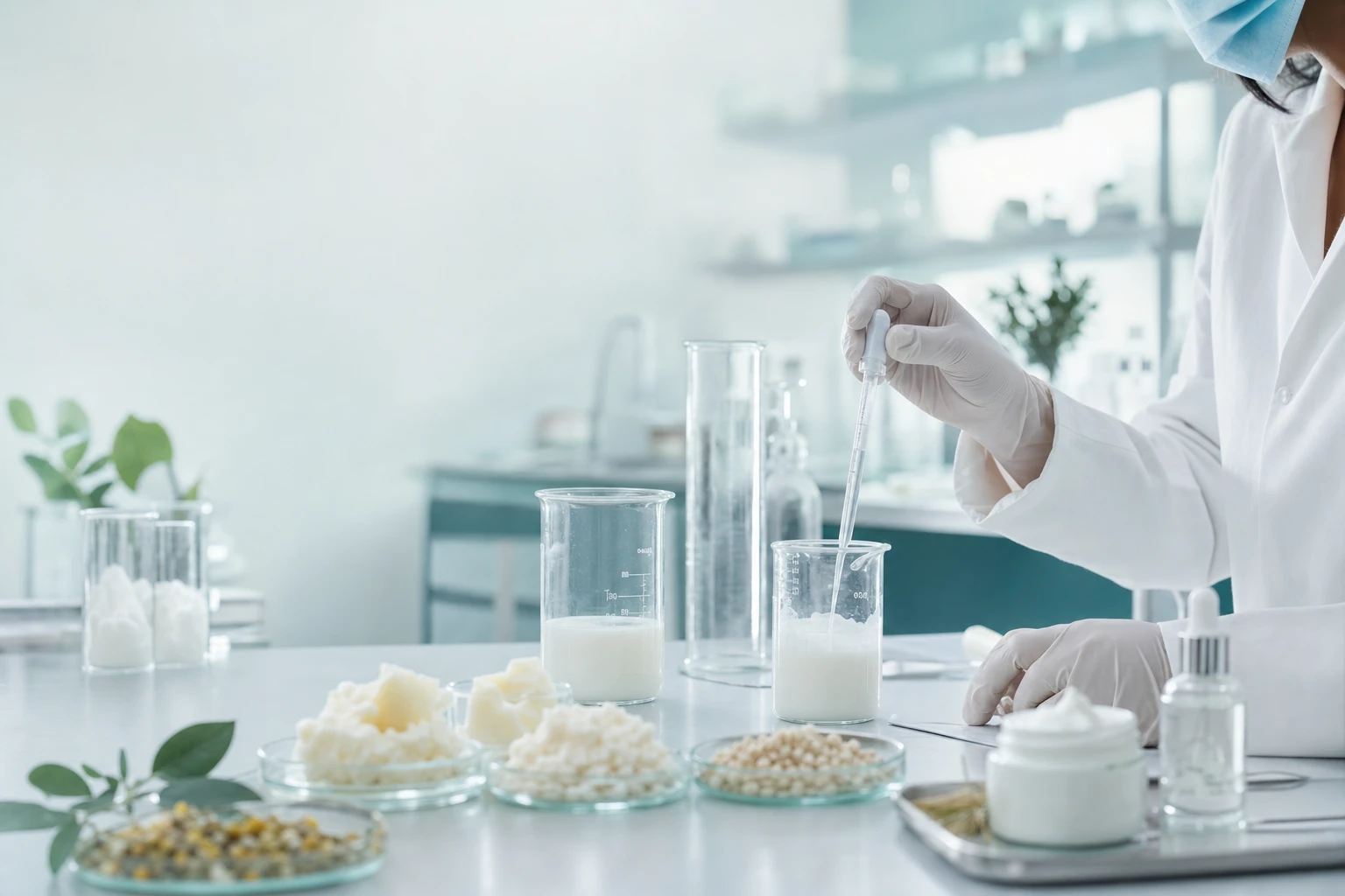 Cosmetic scientist measuring and blending skincare formulation ingredients in the Ausmetix laboratory